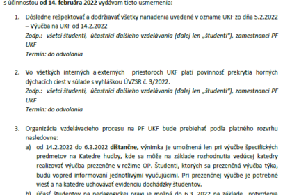 Metodické usmernenie k oznamu UKF v Nitre – Výučba na UKF od 14.2.2022